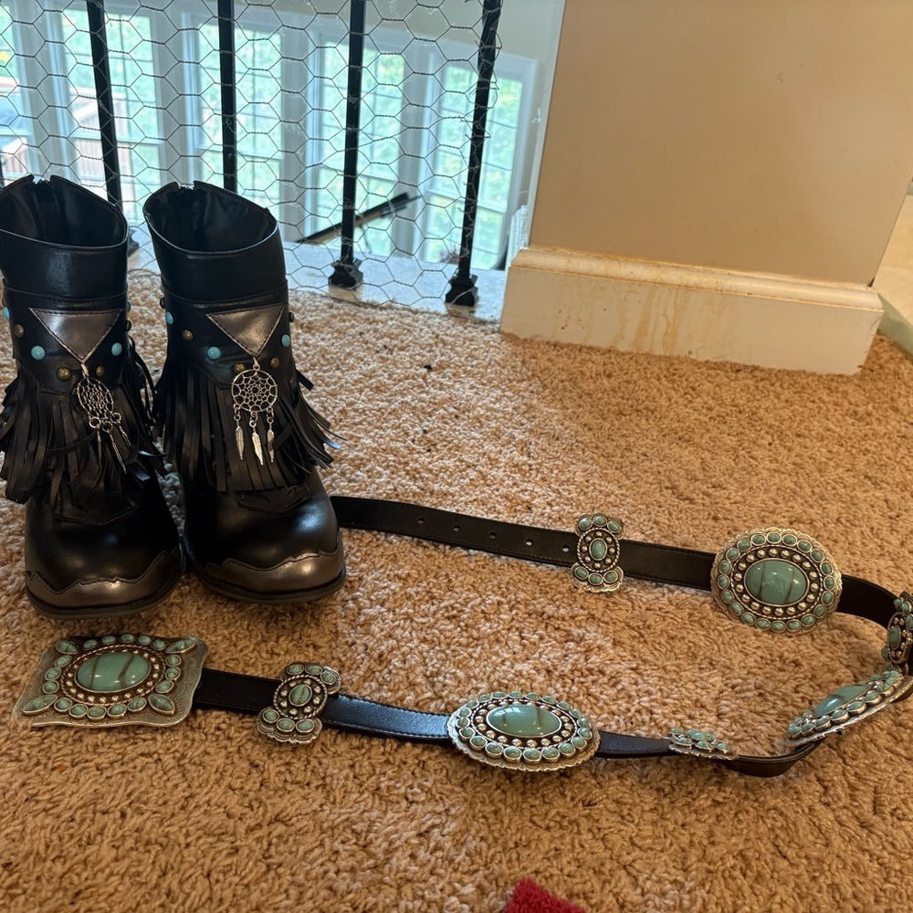 Simulated Turquoise and Black Western Belt and Boots